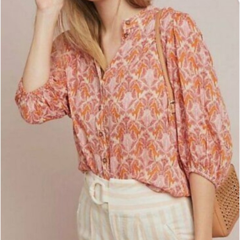Maeve Anthropologie Tiger Palm Print Button Down Blouse Orange Pink Sz 6 Top